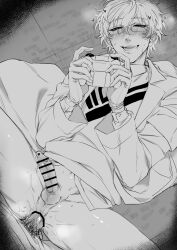 Rule 34 | 2boys, anal, bar censor, blush, censored, coat, collared shirt, controller, gagake v, game controller, glasses, gloves, greyscale, heart, highres, holding, holding controller, holding game controller, leos vincent, leos vincent (1st costume), lying, male focus, male pubic hair, monochrome, multiple boys, nijisanji, on back, open clothes, open coat, penis, protected link, pubic hair, saliva, shirt, short hair, smile, sweat, sweater vest, teeth, testicles, virtual youtuber, yaoi