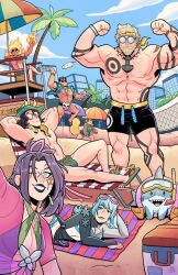abs animification avengers_(series) beard black_hair blonde_hair blue_eyes breasts closed_mouth facial_hair fantastic_four fire heterochromia jeff_(marvel) johnny_storm loki_(marvel) long_hair looking_at_viewer luna_snow luna_snow_(cool_summer) marvel marvel_rivals multicolored_hair multiple_boys muscular open_mouth psylocke psylocke_(breezy_butterfly) shark shirt short_hair smile split-color_hair squirrel_girl_(marvel) squirrel_girl_(sunshine_squirrel)_(marvel) swimsuit the_punisher_(character) thor_(marvel) two-tone_hair white_hair x-men yonson_carbonell