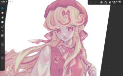 1girl blonde_hair colored_eyelashes cookie_run cookie_run:_kingdom curly_hair dress flipped_bangs highres humanization kouign-amann_cookie long_hair looking_at_viewer mokaink28 multicolored_hair open_mouth pink_dress pink_eyes pink_hair pink_streaks simple_background smile solo very_long_hair