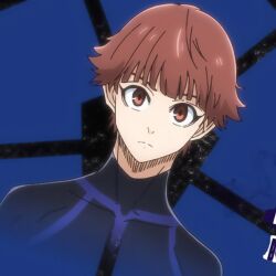 1boy blue_background blue_lock blue_shirt brown_eyes brown_hair looking_at_viewer male_focus nishioka_hajime shirt short_hair