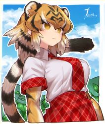 1girl absurdres animal_ear_fluff animal_ears animal_print black_hair blonde_hair blue_sky breasts cloud day elbow_gloves expressionless extra_ears female_focus gloves hair_between_eyes highres kemono_friends large_breasts looking_away medium_hair multicolored_hair necktie notora outdoors outline plaid_clothes plaid_necktie plaid_neckwear plaid_skirt plaid_trim plant print_gloves shirt short_sleeves skirt sky solo striped_tail tail tiger_(kemono_friends) tiger_ears tiger_girl tiger_print tiger_tail white_hair white_outline white_shirt wing_collar yellow_eyes
