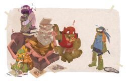 ! 5boys animal_feet bandaid bandaid_on_knee bandaid_on_leg bandana bare_arms bare_legs barefoot black-framed_eyewear black_eyes blue_bandana blue_shirt blue_shorts border bored box_stack brown_shorts buck_teeth cellphone chair child child&#039;s_drawing closed_mouth clothes_writing commentary crossed_ankles crossed_bandaids crying denim denim_shorts donatello_(tmnt) drawing_(action) eating english_commentary food full_body fur-trimmed_shorts fur_trim furry furry_male glasses halftone halftone_background headphones highres holding holding_food holding_phone hugging_own_legs injury kneeling layered_sleeves leonardo_(tmnt) listening_to_music long_sleeves male_focus master_splinter michelangelo_(tmnt) mouse_boy multiple_boys musical_note old old_man on_chair open_mouth orange_sleeves outside_border paint_splatter phone pizza pizza_box pizza_slice pocket purple_bandana purple_shorts purple_sleeves raphael_(tmnt) reaching red_tank_top rise_of_the_teenage_mutant_ninja_turtles sad scraped_elbow scraped_knee shirt short_over_long_sleeves short_sleeves shorts sitting smartphone smile snout stardust_axel striped_clothes striped_shirt striped_sleeves surprised talking tank_top tape teardrop teenage_mutant_ninja_turtles teeth toenails turtle_boy two-tone_sleeves upper_teeth_only wheel white_background white_border white_shirt white_sleeves yellow_bandana yellow_shirt yellow_shorts