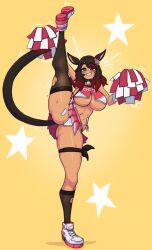 1girl absurdres animal_ears arm_up asymmetrical_legwear bandaid bay_(nikke) bay_(nikke)_(cosplay) black_hair blush borrowed_character breasts cat_tail cheerleader collar cosplay crop_top dark-skinned_female dark_skin doce female_focus flower full_body goddess_of_victory:_nikke green_eyes grin hair_flower hair_ornament heterochromia highres kneehighs large_breasts leg_up looking_at_viewer microskirt midriff multicolored_hair navel nero_(darkbloodkamuy) notice_lines original panties pink_flower pom_pom_(cheerleading) red_eyes red_hair red_skirt shoes skirt smile sneakers socks solo standing standing_on_one_leg star_(symbol) sweat tail thighhighs thighs torn_clothes torn_thighhighs two-tone_hair underboob underwear white_panties white_shoes yellow_background