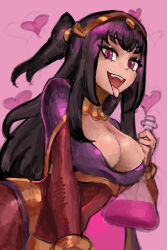 1girl black_hair bodysuit breasts cleavage fire_emblem fire_emblem_awakening heart highres large_breasts long_hair looking_at_viewer nintendo pink_eyes potion saiykik teeth tharja_(fire_emblem) tongue tongue_out twintails upper_teeth_only