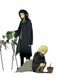 2girls absurdres bang_dream! bang_dream!_it&#039;s_mygo!!!!! black_coat black_hair blue_eyes brown_shoes chinese_commentary closed_mouth coat collared_shirt commentary_request cracy_logan cucumber_plant flower_pot full_body green_hair grey_socks highres holding holding_watering_can kneehighs long_hair long_sleeves multiple_girls shirt shoes shovel sidelocks simple_background socks squatting wakaba_mutsumi watering_can white_background white_shirt yahata_umiri yellow_eyes