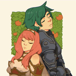 Rule 34 | 1boy, 1girl, alm (fire emblem), armor, back-to-back, blue armor, breastplate, bush, celica (fire emblem), choker, couple, cuddling, eili enie, fire emblem, fire emblem echoes: shadows of valentia, food, fruit, green hair, hetero, leaf, long hair, nintendo, orange (fruit), orange hair, prince, princess, red hair, short hair, shoulder armor, sleeping, tiara, white armor