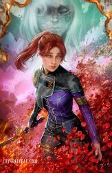 Rule 34 | 1girl, armor, black armor, black gloves, black pantyhose, blue eyes, breasts, clair obscur: expedition 33, commentary, cowboy shot, crystal fae, english commentary, fingerless gloves, freckles, gloves, highres, holding, holding sword, holding weapon, long hair, looking at viewer, maelle (clair obscur: expedition 33), medium breasts, pantyhose, parted bangs, ponytail, purple shirt, realistic, red hair, shirt, solo, striped clothes, sword, tears, vertical-striped clothes, watermark, weapon, web address