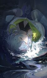Rule 34 | 1boy, absurdres, arknights, blue cloak, blue hair, cloak, closed eyes, commentary, floating hair, highres, infection monitor (arknights), long hair, lying, male focus, mizuki (arknights), partially submerged, raincoat, see-through clothes, see-through raincoat, sleeping, solo, water, waves, xing (gloryxing)