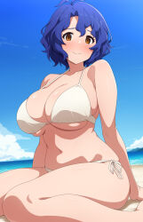 Rule 34 | 1girl, absurdres, bare arms, bare legs, barefoot, beach, bikini, blue hair, blue sky, breasts, brown eyes, closed mouth, cloud, collarbone, commentary request, day, gradient sky, hair between eyes, highres, horizon, idolmaster, idolmaster million live!, idolmaster million live! theater days, large breasts, mei ichi, navel, ocean, outdoors, sky, smile, solo, swimsuit, thighs, toyokawa fuka, underboob, white bikini