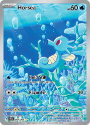 air_bubble animal_focus artist_name bubble card_(medium) character_name company_name copyright_name copyright_notice coral english_text fish from_side full_body gen_1_pokemon horsea komatsu_shinya nintendo no_humans official_art pokemon pokemon_(creature) pokemon_card pokemon_focus pokemon_tcg red_eyes seahorse solo third-party_source trading_card underwater