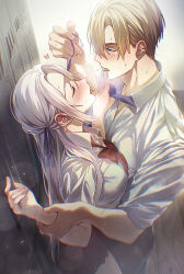 1boy 1girl absurdres after_kiss blonde_hair blue_eyes blue_necktie blurry blurry_background blurry_foreground blush bow bowtie breast_press breasts closed_eyes clothes_grab collared_shirt couple dated_commentary dimitri_alexandre_blaiddyd ear_blush edelgard_von_hresvelg face-to-face fire_emblem fire_emblem:_three_houses from_side hair_ribbon hands_up hetero highres holding holding_another&#039;s_wrist holding_ribbon implied_kiss indoors large_breasts long_hair looking_down necktie necktie_grab neckwear_grab nintendo pants parted_bangs pinned purple_ribbon red_bow red_bowtie ribbon saliva saliva_trail school_uniform shirt short_hair skirt soma_otakuu standing sweat tongue tongue_out white_hair white_shirt