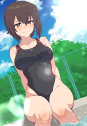 Rule 34 | 1girl, absurdres, ada badguy, black hair, black one-piece swimsuit, blue sky, breasts, brown eyes, chain-link fence, cloud, commentary request, competition swimsuit, day, dutch angle, fence, girls und panzer, highleg, highleg one-piece swimsuit, highres, large breasts, nishizumi maho, one-piece swimsuit, outdoors, poolside, short hair, sky, soaking feet, solo, swimsuit, tree, water