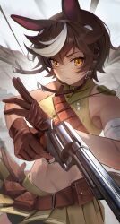 Rule 34 | 1girl, absurdres, animal ears, bandaged arm, bandages, belt, belt pouch, bike shorts, black shorts, brown belt, brown eyes, brown gloves, brown hair, closed mouth, cropped shirt, gloves, gun, handgun, highres, holding, holding gun, holding weapon, horse ears, miniskirt, navel, pleated skirt, pouch, revolver, second-party source, shirt, short hair, shorts, skirt, sleeveless, sleeveless shirt, solo, star (symbol), star in eye, stomach, symbol in eye, tan, tomoe umari, tomoe umari (1st costume), v-dere, virtual youtuber, weapon, white hair, yellow shirt, yellow skirt, zote illust