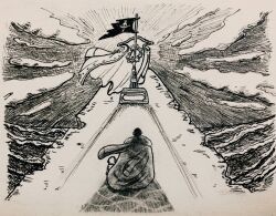 2boys child cliff coat coat_on_shoulders crocodile_(one_piece) dual_persona edward_newgate flag flower from_behind fur-trimmed_coat fur-trimmed_sleeves fur_trim graphite_(medium) grave head_wreath highres horizon inochichi jolly_roger male_focus marker_(medium) multiple_boys naginata ocean one_piece outdoors planted planted_spear polearm shadow spear time_paradox tombstone traditional_media waves weapon whitebeard_pirates_jolly_roger