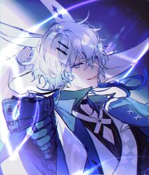 Rule 34 | 1boy, absurdres, animal ears, black gloves, blue eyes, blue hair, gloves, gradient hair, gun, hair between eyes, hair ornament, handgun, highres, holding, holding gun, holding weapon, jacket, looking at viewer, male focus, mole, mole under eye, mors gn, multicolored hair, original, rabbit ears, shirt, short hair, upper body, vest, weapon, white hair