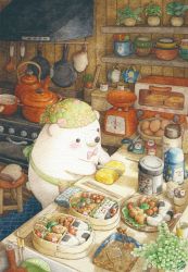 animal bear bento blush bow bowtie bread colored_pencil_(medium) cutting_board egg food food_art highres holding holding_knife indoors kettle kitchen kitchen_hood kitchen_scale knife kyaraben looking_away no_humans onigiri original painting_(medium) pink_bow pink_bowtie pot scissors shelf signature spatula st.kuma stove toaster_oven traditional_media watercolor_(medium) weighing_scale wooden_floor