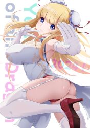 1girl ass blonde_hair breasts bun_cover china_dress chinese_clothes double_bun dress elbow_gloves fighting_stance fletcher_(kancolle) gloves hair_bun highres kantai_collection large_breasts long_hair looking_at_viewer m-bon_(karakuriyudo) panties print_dress red_panties solo thighhighs underwear white_gloves white_thighhighs