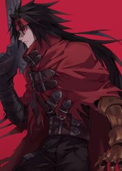 1boy belt black_gloves black_hair black_pants cape cloak closed_mouth cowboy_shot final_fantasy final_fantasy_vii final_fantasy_vii_ever_crisis from_side gauntlets gloves glowing glowing_eyes gun handgun headband highres holding holding_gun holding_weapon long_hair male_focus multiple_belts pants profile red_background red_cape red_cloak red_eyes red_headband single_gauntlet single_glove solo spiked_hair torn_cape torn_clothes vani_(hisha_04) vincent_valentine weapon