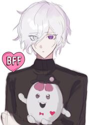 Rule 34 | 1boy, black eyes, bow, brain, hair over one eye, heart, heterochromia, highres, male focus, mascot, messy hair, multicolored hair, open mouth, purple eyes, red bow, shion (hundred line), simple background, sirei (hundred line), the hundred line -last defense academy-, upper body, white background, white eyes, white hair