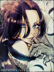 1girl black_feathers black_hair blue_eyes boa_hancock commentary detective_0414 earrings eyelashes feathers fishnet_gloves fishnets gloves highres jewelry light_smile long_hair looking_at_viewer one_piece silk smile snake_earrings solo spider_web twitter_username