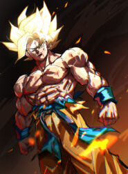 1boy abs after_battle ashes blood blood_on_mouth blue_pants blue_sash brown_background clenched_hands commentary_request curtained_hair dragon_ball dragonball_z embers from_below gradient_background green_eyes highres looking_at_viewer loose_hair_strand male_focus medium_hair muscular muscular_male nose open_mouth pants pectorals sash scratches solo son_goku spiked_hair tkht_9315 topless_male torn_clothes v-shaped_eyebrows veins veiny_arms