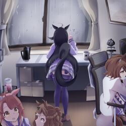 01_leesuke 4girls agnes_tachyon_(umamusume) ahoge animal_ears beaker bent_over black_hair box cardboard_box chair clothing_cutout coffee_mug commentary_request cup curtains dantsu_flame_(umamusume) desk ear_covers facing_away feet_on_chair hair_ornament highres horse_ears horse_girl horse_tail index_finger_raised jungle_pocket_(umamusume) kettle lab_coat long_hair manhattan_cafe_(umamusume) mug multiple_girls office_chair purple_thighhighs rain skirt solo_focus swivel_chair tail tail_raised tail_through_clothes thighhighs umamusume water_drop whiteboard window wooden_floor