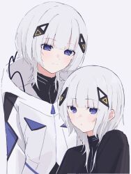 1girl absurdres black_shirt blue_eyes blunt_bangs cevio coat grey_hair hair_ornament highres hood hood_down hooded_coat kafu_(cevio) long_hair long_sleeves looking_at_viewer multiple_views saka_(sa_ka) shirt short_hair sidelocks simple_background smile turtleneck upper_body white_coat