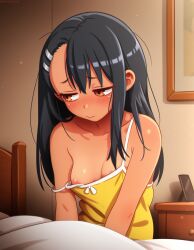 1girl areola_slip averting_eyes bare_shoulders bed bedroom black_hair blanket blush breasts brown_eyes camisole chair closed_mouth collarbone dark-skinned_female dark_skin embarrassed hair_ornament hairclip highres ijiranaide_nagatoro-san indoors long_hair looking_to_the_side medium_breasts messy_hair nagatoro_hayase nipple_slip nipples no_bra nose_blush nyantation on_bed one-piece_tan pillow sitting small_breasts smile solo spaghetti_strap strap_slip tan tanline under_covers upper_body wardrobe_malfunction wavy_mouth window