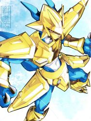 armor blue_skin colored_skin digimon digimon_(creature) dragon fewer_digits gold_armor gold_helmet highres magnamon red_eyes solo takeuchi_(a3) watermark