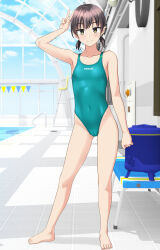 Rule 34 | 1girl, absurdres, barefoot, breasts, brown hair, chair, clothes writing, collarbone, commentary request, competition swimsuit, covered navel, full body, green eyes, green one-piece swimsuit, highleg, highleg one-piece swimsuit, highres, indoors, lifeguard chair, looking at viewer, low twintails, one-piece swimsuit, original, pool ladder, poolside, short hair, small breasts, smile, solo, standing, string of flags, swimsuit, takafumi, twintails, v, variant set