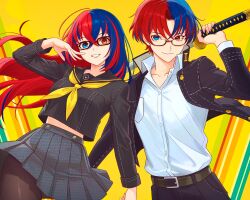Rule 34 | 1boy, 1girl, alear (female) (fire emblem), alear (male) (fire emblem), alternate costume, belt, belt buckle, black-framed eyewear, black jacket, black sailor collar, blue eyes, blue hair, brown belt, brown pantyhose, buckle, closed mouth, collared shirt, commission, crossover, fire emblem, fire emblem engage, glasses, grey skirt, grin, heterochromia, highres, holding, holding sword, holding weapon, jacket, katana, long hair, long sleeves, looking at viewer, multicolored hair, neckerchief, nintendo, open clothes, open jacket, pantyhose, persona, persona 4, pleated skirt, pocket, red eyes, red hair, sailor collar, school uniform, shirt, short hair, skirt, smile, split-color hair, sword, truejekart, two-tone hair, weapon, white shirt, yasogami school uniform, yellow background, yellow neckerchief