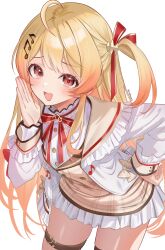 1girl :d absurdres ahoge beamed_eighth_notes blonde_hair bow brown_dress brown_sailor_collar buttons colored_inner_hair colored_tips double-breasted double-parted_bangs dress eighth_note fortissimo frilled_jacket frills hair_ornament hair_ribbon hairclip hand_on_own_hip highres hololive hololive_dev_is jacket long_hair long_sleeves looking_at_viewer multicolored_hair musical_note musical_note_hair_ornament neck_ribbon one_side_up open_mouth orange_hair otonose_kanade otonose_kanade_(1st_costume) plaid_clothes plaid_dress red_bow red_eyes red_ribbon ribbon sailor_collar shirt sidelocks smile solo standing thigh_strap uekana9 virtual_youtuber white_background white_jacket white_shirt