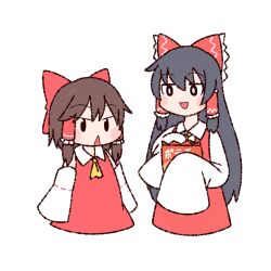 2girls animated animated_gif ascot bag black_eyes black_hair blush bow bright_pupils brown_hair chibi chips_(food) closed_eyes closed_mouth commentary_request cookie_(touhou) detached_sleeves dress feeding food frilled_bow frilled_hair_tubes frills full_body hair_bow hair_tubes hakurei_reimu highres holding holding_bag hotaruda_(cookie) long_hair looping_animation medium_hair multiple_girls open_mouth potato_chips red_bow red_dress ribbon-trimmed_sleeves ribbon_trim sakenomi_(cookie) sidelocks simple_background sleeveless sleeveless_dress sleeves_past_fingers sleeves_past_wrists smile touhou triangle_mouth white_background white_pupils white_sleeves wide_sleeves y75zei yellow_ascot