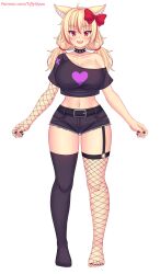 Rule 34 | 1girl, ahoge, animal ears, asymmetrical legwear, belt, black belt, black gloves, black nails, black shirt, black shorts, black thighhighs, blonde hair, blush, bow, breasts, cat ears, cat girl, choker, cleavage, collarbone, fangs, fishnet gloves, fishnet thighhighs, fishnets, gloves, hair bow, heart, heart print, indie virtual youtuber, large breasts, long hair, looking at viewer, low twintails, midriff, mismatched legwear, multicolored hair, navel, nottytiffy, off-shoulder shirt, off shoulder, open mouth, original, print shirt, red bow, red eyes, red hair, shirt, short sleeves, shorts, single glove, slit pupils, smile, spiked choker, spikes, standing, streaked hair, thighhighs, tiffy (nottytiffy), twintails, virtual youtuber, white background