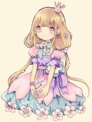 1girl blonde_hair brown_eyes comeco crown dress expressionless flower futaba_anzu hair_flower hair_ornament hair_petal idolmaster idolmaster_cinderella_girls long_hair low_twintails mini_crown petals pink_dress princess puffy_short_sleeves puffy_sleeves short_sleeves solo twintails