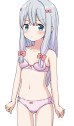 1girl bare_arms bare_shoulders blue_eyes blush bow bow_bra bow_panties bra breasts closed_mouth collarbone eromanga_sensei grey_hair groin hair_bow highres izumi_sagiri long_hair looking_at_viewer navel panties pink_bra pink_panties red_bow simple_background small_breasts solo takasuma_hiro underwear underwear_only v-shaped_eyebrows very_long_hair white_background