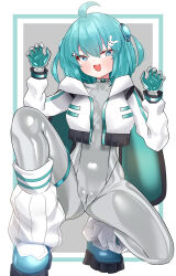 Rule 34 | 1girl, :d, absurdres, ahoge, aqua bodysuit, aqua eyes, aqua hair, bodysuit, bodysuit under clothes, boots, breasts, claw pose, covered pussy, cropped jacket, grey bodysuit, hair ornament, highres, hood, hood down, hooded jacket, jacket, latex, latex bodysuit, looking at viewer, maguro27, medium breasts, open mouth, original, rabbit hair ornament, shiny clothes, short hair, skin tight, smile, solo, squatting, thigh strap, two-tone bodysuit, variant set