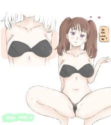 Rule 34 | 1girl, absurdres, bikini, breasts, brown hair, covered erect nipples, diane (nanatsu no taizai), english text, heart, hentaliasite, highres, long hair, medium breasts, nanatsu no taizai, purple eyes, sitting, swimsuit, twintails, white background
