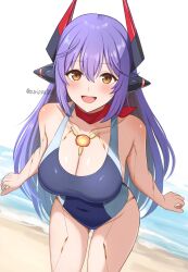 Rule 34 | 1girl, :d, bare arms, beach, black one-piece swimsuit, blush, breasts, brown hair, cleavage, collarbone, commentary request, commission, covered navel, hair between eyes, hair ornament, highres, long hair, looking at viewer, medium breasts, ocean, one-piece swimsuit, open mouth, poppi (xenoblade), poppi qtpi (xenoblade), purple hair, sidelocks, skeb commission, smile, solo, standing, surippa1010, swimsuit, teeth, twitter username, upper teeth only, xenoblade chronicles (series), xenoblade chronicles 2