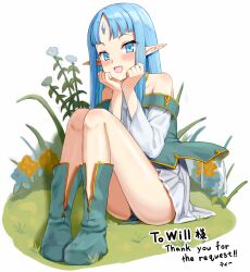 1girl bare_shoulders blue_eyes blue_hair blush boots commission dress flower forehead_jewel full_body highres kalar_(race) knees_up long_hair long_sleeves looking_at_viewer open_mouth parted_bangs pastel_kalar pointy_ears px-tea rance_(series) short_dress sitting skeb_commission smile solo thighs