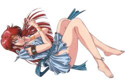 1990s_(style) 1girl anklet armlet bare_legs barefoot blue_eyes bracelet dragon_knight_(elf) full_body headband jewelry long_hair looking_at_viewer luna_(dragon_knight) non-web_source official_art red_hair retro_artstyle simple_background solo white_background yoshizane_akihiro