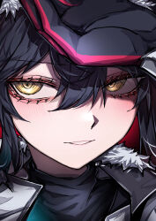 1girl 33_gaff arknights arm_up black_hair black_shirt blush close-up gloves hair_between_eyes long_hair looking_at_viewer official_alternate_costume parted_lips portrait red_gloves ringed_eyes shirt solo texas_(arknights) texas_(winter_messenger)_(arknights) yellow_eyes
