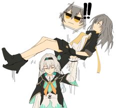 Rule 34 | 2girls, beibc eee, black jacket, closed eyes, firefly (honkai: star rail), grey hair, highres, honkai: star rail, honkai (series), jacket, lifting person, long hair, multiple girls, simple background, stelle (honkai: star rail), trailblazer (honkai: star rail), white background, yuri