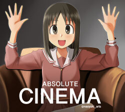 Rule 34 | 1girl, :d, absolute cinema (meme), absurdres, armchair, arms up, azumanga daioh&#039;s school uniform, azumanga daiou, black eyes, black hair, chair, crossed legs, highres, kasuga ayumu, light blush, long hair, long sleeves, looking at viewer, meme, naoyuki arts, on chair, open mouth, outstretched hand, parted bangs, red shirt, red skirt, school uniform, shirt, sitting, skirt, smile, socks, solo, spread fingers, straight-on, upper body, white socks