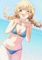 1girl :3 beach bikini blonde_hair blue_bikini braid breasts day fang four-finger_heart_hands fujita_kotone gakuen_idolmaster heart heart_hands highres idolmaster medium_breasts musha_no_kozi navel one_eye_closed outdoors sand skin_fang solo stomach swimsuit thighs twin_braids
