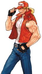 1boy baseball_cap blonde_hair blue_eyes capcom_vs_snk_2 denim facing_to_the_side fatal_fury fingerless_gloves game_cg gloves hat highres jacket jeans long_hair looking_to_the_side male_focus muscular nishimura_kinu non-web_source official_art pants ponytail shirt sleeveless smile snk solo terry_bogard the_king_of_fighters torn_clothes torn_sleeves veins veiny_arms vest white_background white_undershirt