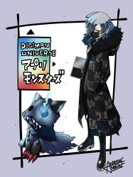 Rule 34 | absurdres, claws, coat, digimon, hackmon (appmon), highres, hood, katsura rei, mask, naoki akamine, red eyes
