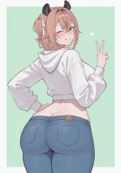 1girl alternate_costume animal_ears ass ass_focus back bare_hips blue_pants border breasts brown_hair butt_crack commentary cowboy_shot crossed_bangs denim english_commentary from_behind green_background green_eyes grin hair_between_eyes hair_intakes hair_ribbon hand_on_own_hip hand_up highres hood hood_down hoodie indie_virtual_youtuber jeans large_breasts light_blush long_sleeves looking_at_viewer looking_back median_furrow medium_hair midriff nimi_nightmare one_eye_closed one_side_up pants raliele_(terenazal) ribbon sideways_glance simple_background smile solo star_(symbol) tapir_ears tapir_girl teeth thick_thighs thighs turning_head v virtual_youtuber white_border white_hoodie white_ribbon