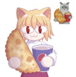 &lt;|&gt;_&lt;|&gt; 1girl :3 animal_ear_fluff animal_ears blonde_hair cat_ears cat_girl closed_mouth cowboy_shot cup disposable_cup food food_request hashtag-only_commentary highres holding holding_cup holding_food looking_at_viewer meowmei neco-arc pepsi pilk purple_skirt red_eyes reference_inset shirt simple_background skirt smile solo straight-on tsukihime white_background white_shirt