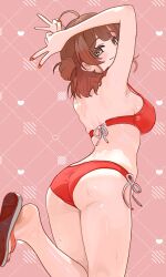 Rule 34 | 1girl, absurdres, ahoge, amashi 2278, armpits, ass, bare legs, bikini, blush, breasts, brown hair, commentary request, commission, double v, flip-flops, gakuen idolmaster, hanami ume, heart, highres, idolmaster, large breasts, looking at viewer, looking back, pink background, red bikini, sandals, side-tie bikini bottom, sideboob, skeb commission, smile, soles, solo, standing, standing on one leg, sweat, swimsuit, v